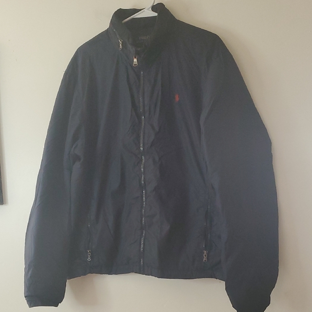 Polo Ralph Lauren Mens Hooded Windbreaker Jacket Full Zip Size XL Navy Red Liner
